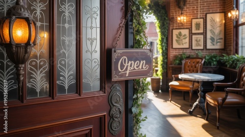 Antique Wooden Door with Ornate Frosted Glass and Open Sign Revealing a Cozy Interior