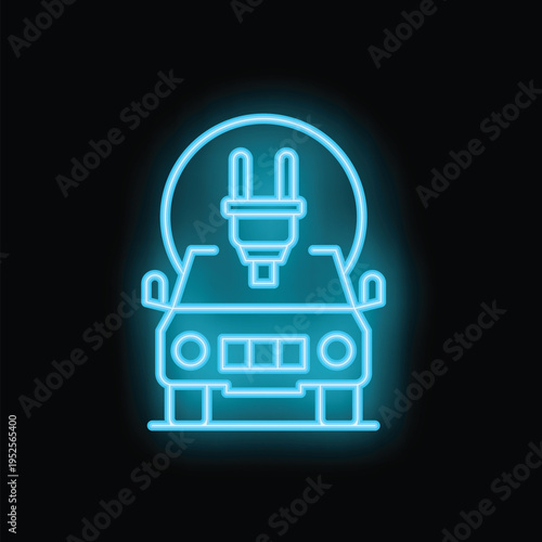 Blue neon icon of an electric car charging, symbolizing sustainable transportation and the future of mobility