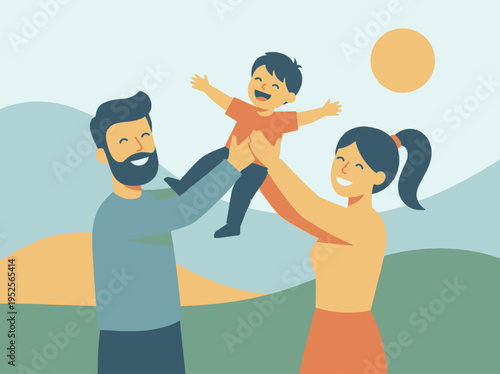 Joyful family enjoying a sunny day outdoors with their child held high in the air, symbolizing happiness and togetherness in nature