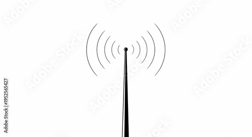 Minimalist antenna pole broadcasting wireless signal waves, isolated white background.