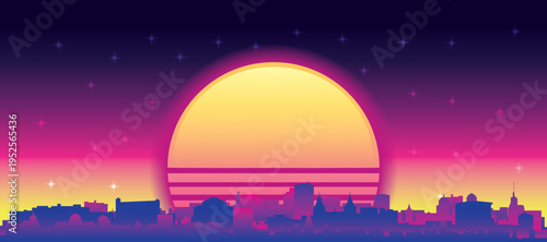 Purple generic retro futuristic synthwave panoramic poster of the city skyline with misty background sunset buildings of AMSTERDAM, NETHERLANDS