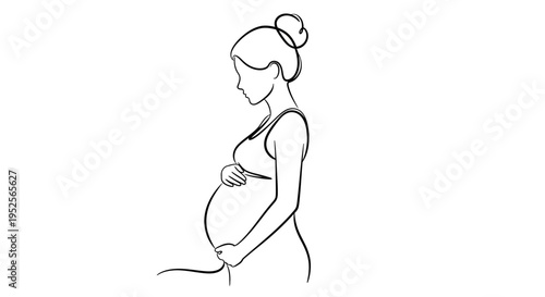 Profile Line Art of a Pregnant Woman with Hair Bun Gently Holding Her Baby Bump on an Isolated White Background
