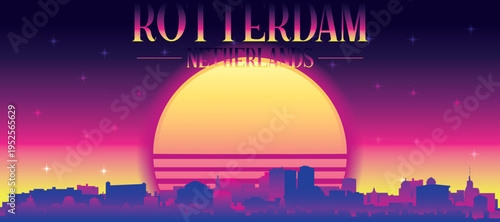 Purple generic retro futuristic synthwave panoramic poster of the city skyline with misty background sunset buildings of ROTTERDAM, NETHERLANDS