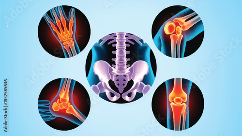Articulations Anatomy: A detailed, medical illustration showcasing the skeletal system, with a central focus on the pelvis and surrounding articulations.