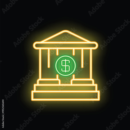 Glowing neon bank building with dollar coin symbol representing finance and banking services