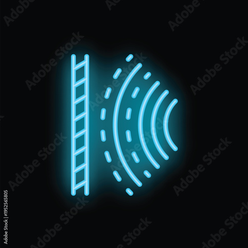Neon blue icon of a soundproofing wall covering with sound waves, representing noise control and acoustic insulation