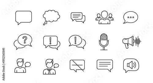 Communication and Chat Line Icons Set with Speech Bubbles, User Profiles, Microphone, Megaphone, Isolated White Background