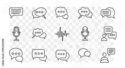 Communication and Audio Icons Set, Speech Bubbles Microphones Sound Waves on Isolated White Background