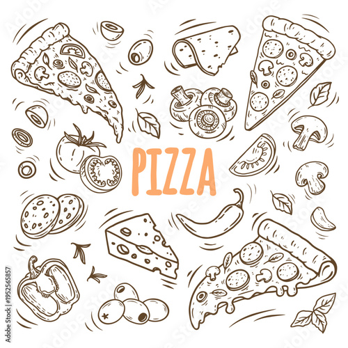 hand drawn vector set of pizza. Set of pizza ingredients in doodle style isolated. Design on white background for for menus, pizzerias, restaurants, banners, markets. Vector illustration