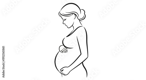 Calm Pregnant Woman Outline Cradling Her Belly with Hair Up on Isolated White Background