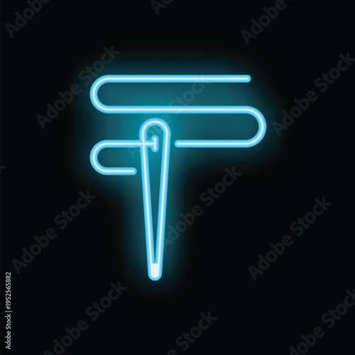 Neon needle and thread piercing fabric icon illustration on black background