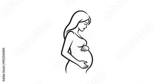 Gentle Pregnant Woman Outline Looking Down at Her Baby Bump on Isolated White Background