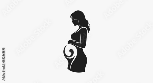 Stylized Pregnant Woman Silhouette Cradling Belly with Artistic Swirl Design on Isolated White Background
