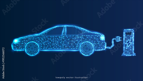 car charging station technology digital background. Electric Vehicle concept. ev car low poly wireframe. vector illustration fantastic technology design.
