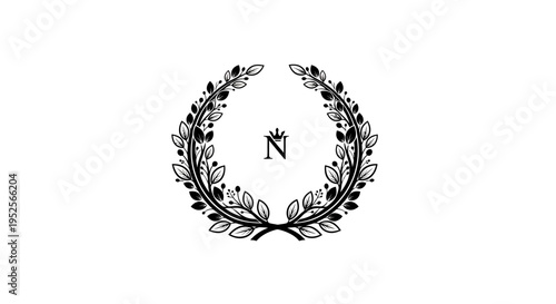 Elegant Black Laurel Wreath with Letter N Monogram on Isolated White Background