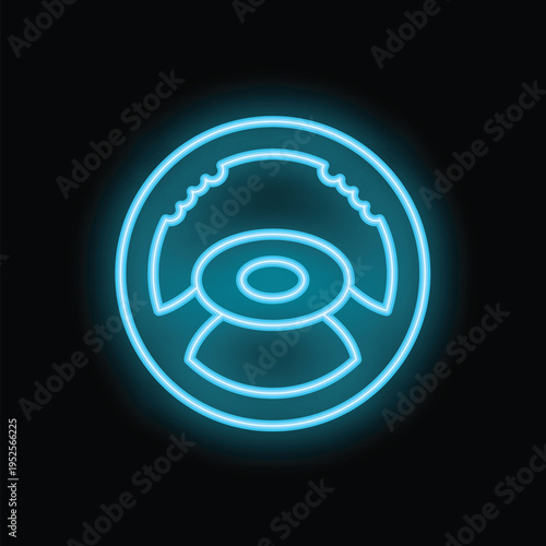 Neon blue steering wheel glowing on a black background, perfect for illustrating concepts such as driving, transportation, or automotive industry