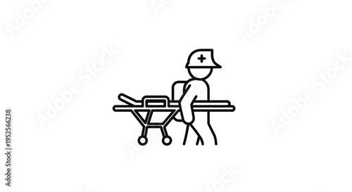 Paramedic Pushing Patient on Stretcher Line Art Icon on Isolated White Background