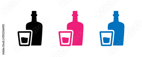 Stylized liquor bottles with corresponding drink icons in different colors