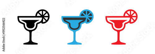 Three stylized cocktail glasses with different colored ice cubes and garnishes