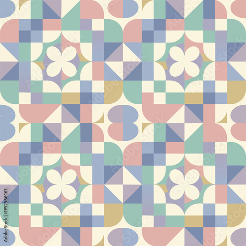 Geometric Harmony: A seamless pattern of geometric shapes and pastel hues creating an artistic and pleasing visual.