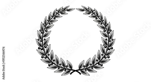 Elegant Black Laurel Wreath Design with Berries, a Symbol of Victory and Achievement, on an Isolated White Background