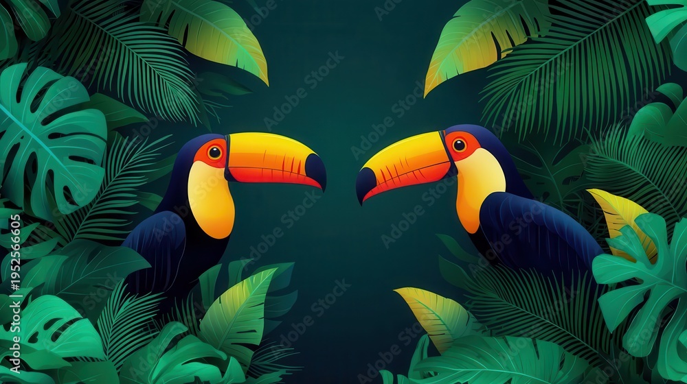Obraz premium Rainforest wildlife layered with toucans, vines, and misty background