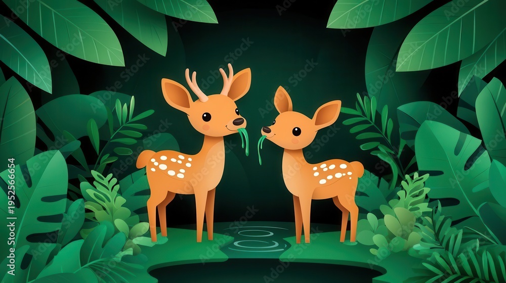 Naklejka premium Forest edge with deer drinking from stream, detailed natural habitat illustration