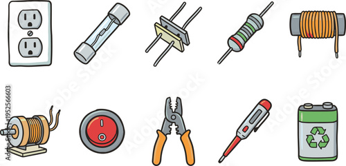 An array of common electrical components and hand tools for circuit repair and power management