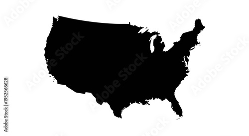 Solid Black Silhouette Map of United States of America on Isolated White Background