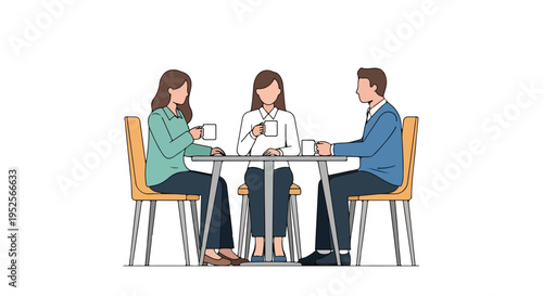 Three diverse professionals engage in a casual business meeting or social coffee break around a table, holding mugs.