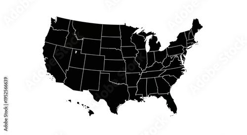 Detailed Black Silhouette Map of United States with State Borders and Coastlines in Bright Studio