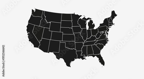 Black Silhouette Map of United States with State Borders in Bright Studio