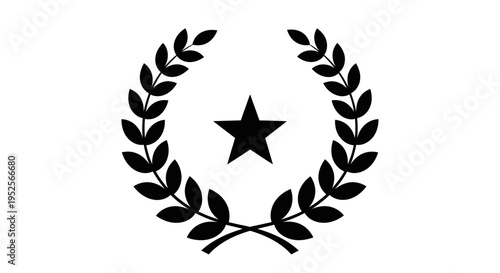 Laurel Wreath with Star in Center Black Silhouette Award Symbol on Isolated White Background