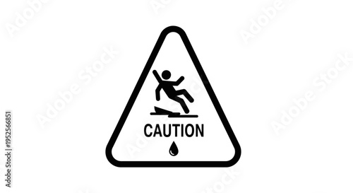 Caution wet floor alert sign with slipping person and water droplet icon in a triangular frame on isolated white background