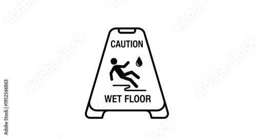 Caution wet floor stand sign with slipping person icon and text on a portable A-frame design, isolated white background