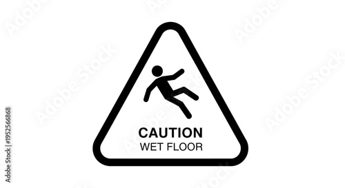 Caution wet floor safety sign with slipping person icon in a black triangular frame on isolated white background