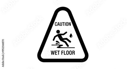 Caution wet floor warning sign with slipping person icon in a triangular frame on isolated white background