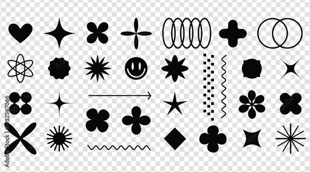 Fototapeta premium Collection of diverse abstract geometric shapes and icons isolated on a transparent background for graphic design vector illustration