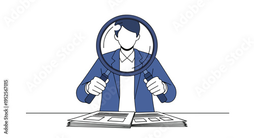 A focused businessman uses a magnifying glass to thoroughly examine documents laid on a desk, symbolizing detailed analysis, investigation, and meticulous review.