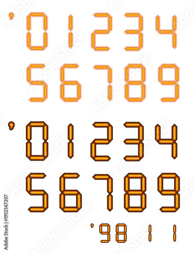 古い写真の日付印字風デジタル数字セット フィルムカメラ デート印 オレンジ色 7セグメント 数字フォント 平成レトロ 昭和 ノスタルジック 合成素材 数字素材ベクターイラスト