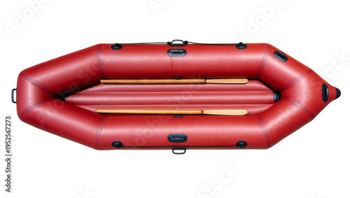 Quadro su tela Isolated vibrant red inflatable river raft with wooden paddles for outdoor adven
