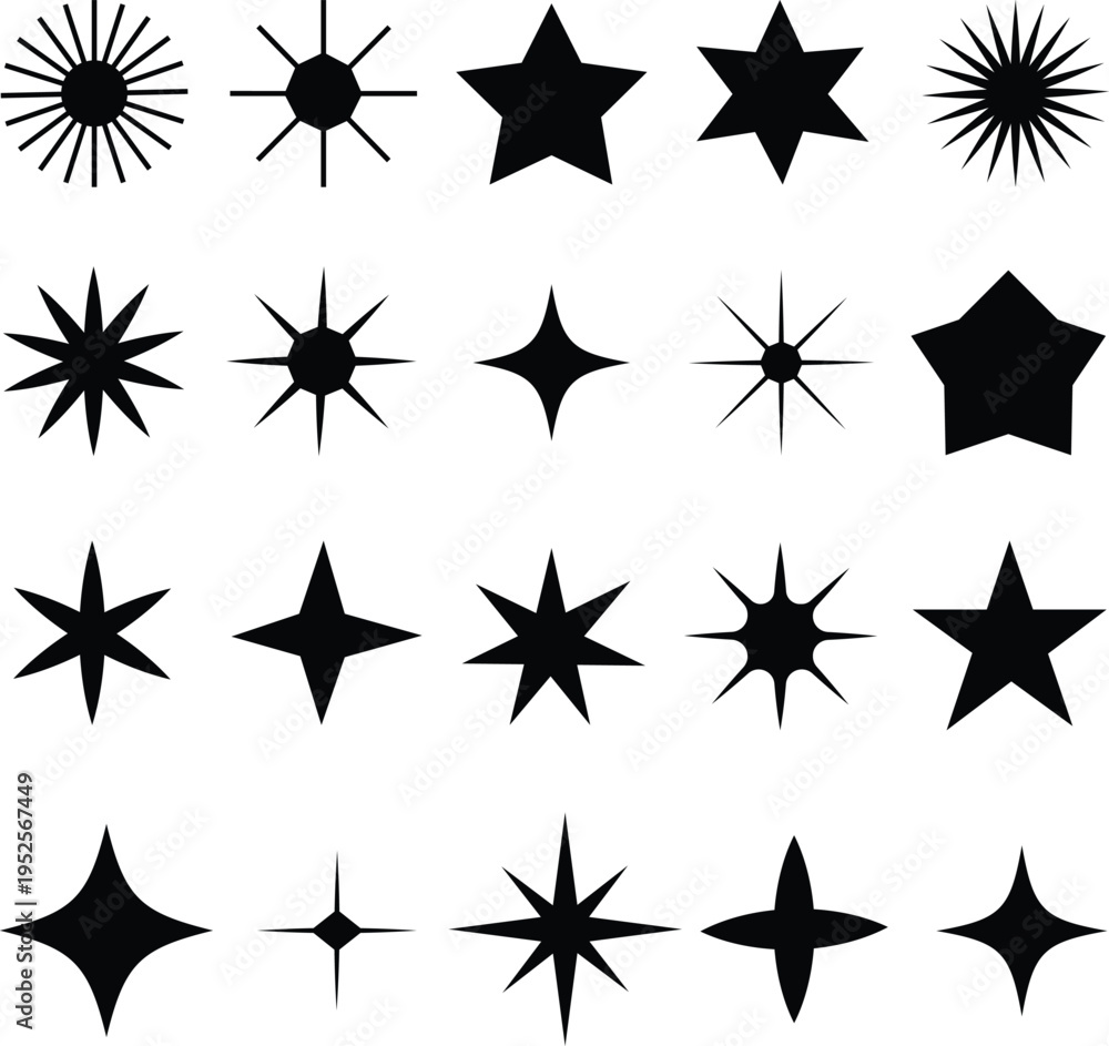 Obraz premium Collection of diverse black star shapes and sparkling graphic elements isolated on white