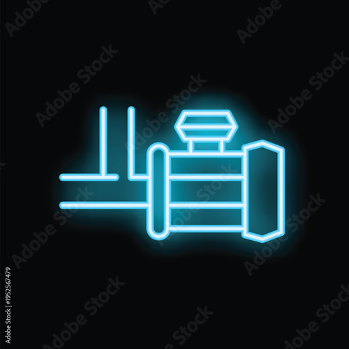 Blue glowing neon icon of a water supply valve regulating water flow through pipelines on a black background