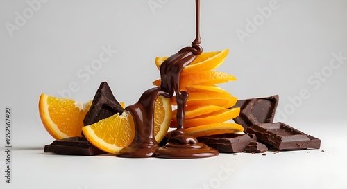 Chocolate sauce poured over sliced oranges and chocolate pieces on a white surface
