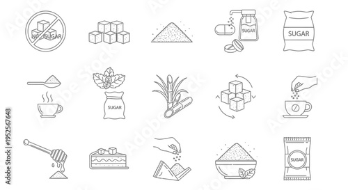 diverse sugar and sweetener line icons illustrating no sugar natural alternatives consumption and various forms for food design.