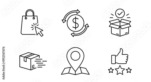 e-commerce line icons set illustrating online shopping money transfer fast delivery and customer satisfaction.