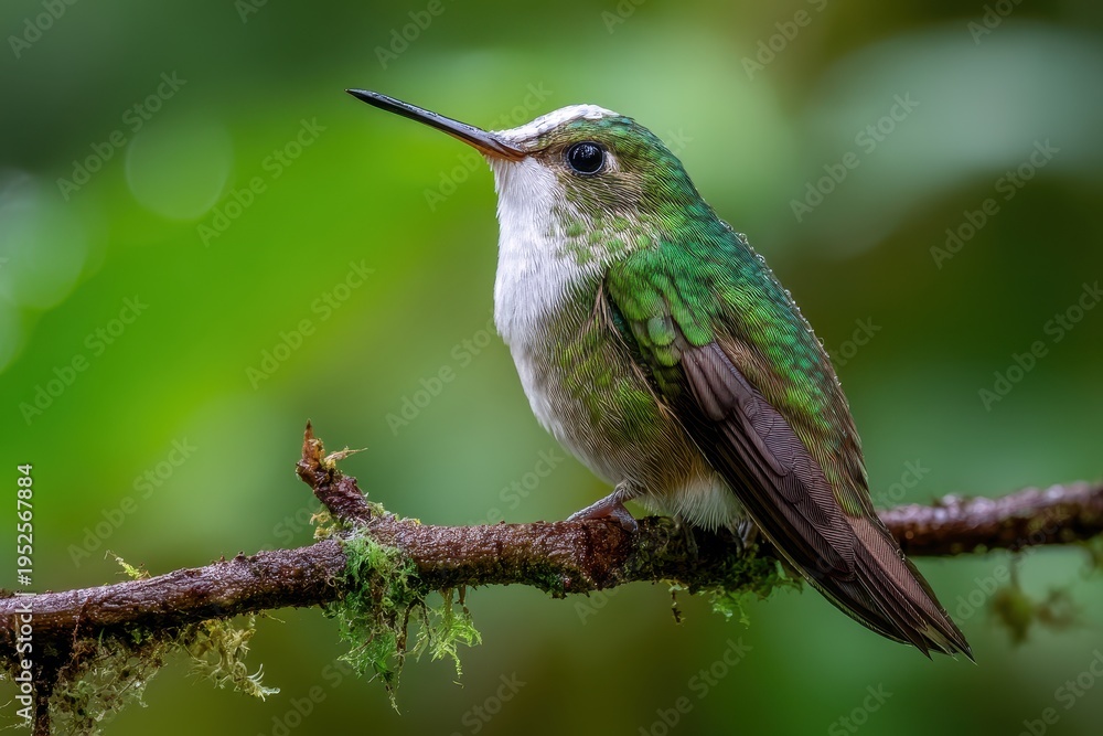 Fototapeta premium Snowcap hummingbird perched on a slender branch in a lush Caribbean lowland rainforest