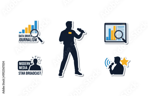 European Television Reporter with Microphone Silhouette, Data Driven Journalism Vector Sticker, Modern Media Star Broadcast Icon