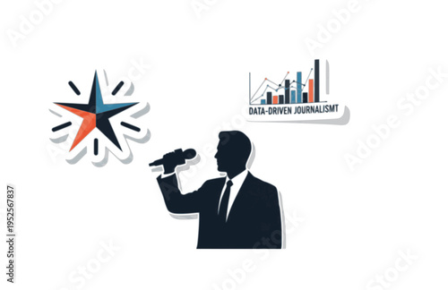 European Television Reporter with Microphone Silhouette, Data Driven Journalism Vector Sticker, Modern Media Star Broadcast Icon