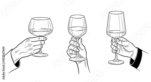 three hands holding different wine glasses illustrating various gripping techniques and serving etiquette for wine.